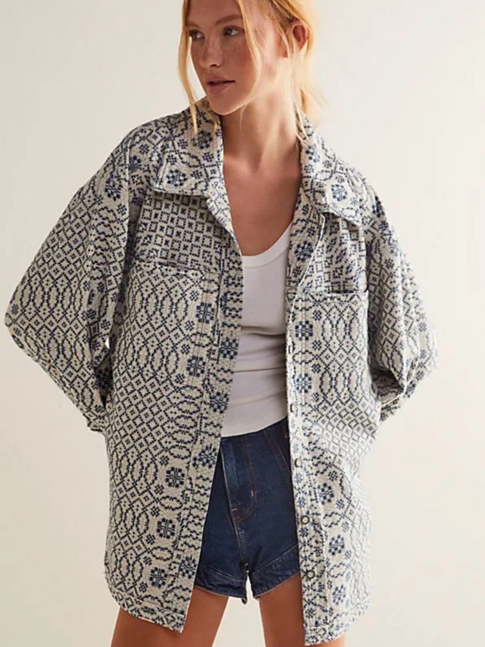 We The Free Cream & Navy Patterned Overshirt